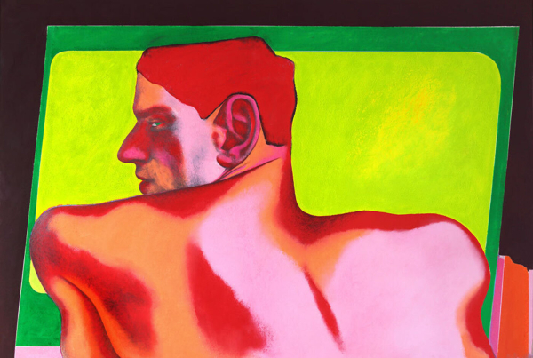 Brightly colored pastel of a red-toned figure's bare back with their head turned in profile, against a green background