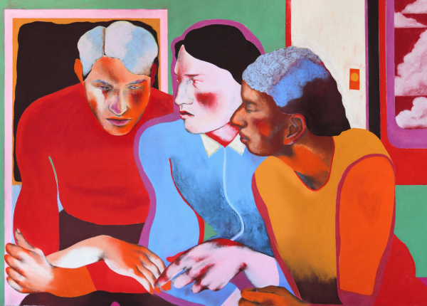 Pastel in bright colors of three figures clustered close together in conversation with serious faces; middle two are touching hands