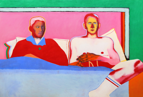 Pastel of two short-haired figures sitting up in bed next to each other under a blue blanket