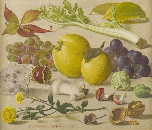 Still life painting of an assortment of fruit, nuts, and flowers