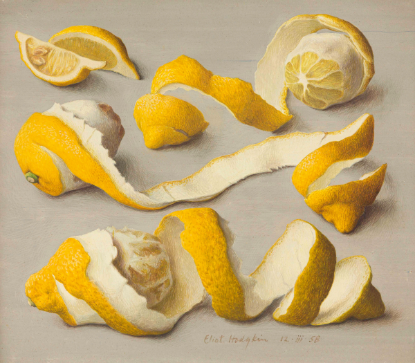 Painting of three lemons with their spiral peels extending from their rinds, against a pale grey background