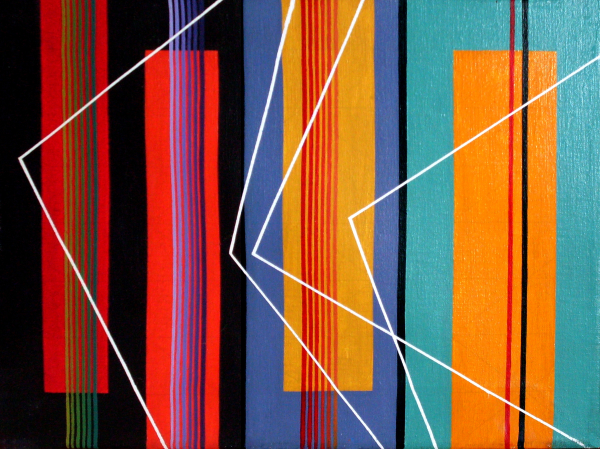 Abstract painting of brightly colored vertical rectangles and vertical lines in close-together groupings, overlaid with white lines forming corners at varying angles