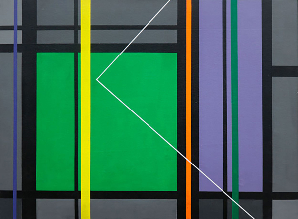 Abstract painting of intersecting black lines overlaid with some colorful vertical lines, outlining an assortment of green, grey, and purple squares and rectangles