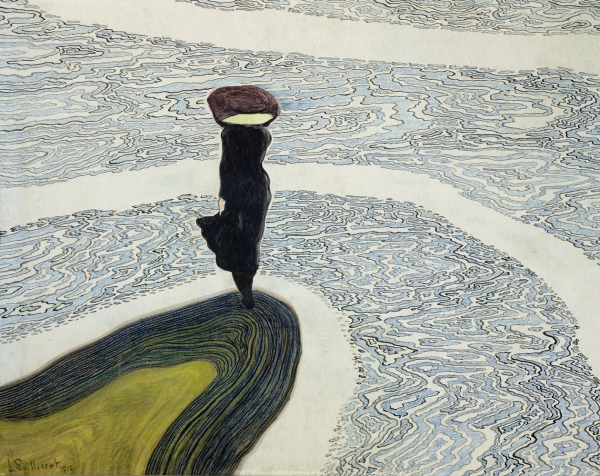 A figure in a black dress standing alone on an abstract ground with curving watery shapes in light blue and dark green