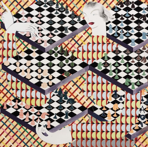 Colorful, multi-patterned composition in a flat style with a white woman standing behind a series of chess boards stacked over each other