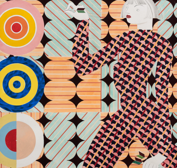 Colorful, multi-patterned composition in a flat style with a white woman wearing a geometric jumpsuit and aiming a dart