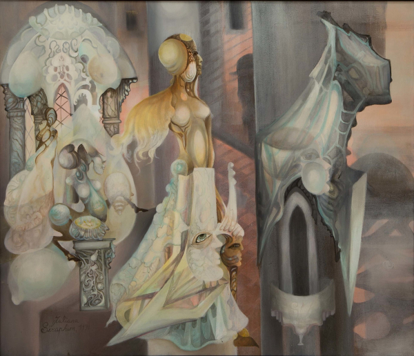 Painting of a fantastical scene with strange hybrid creatures in a semi-abstract castle setting, in a palette of soft pink, grey, blue, and yellow