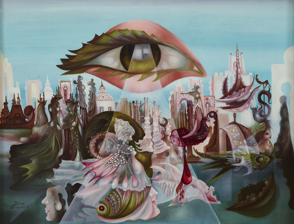 Painting of a fantastical scene with a large human eye floating above a body of water with various sea creatures, and a pink and white city skyline in the background