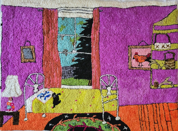 Hook rug scene of a bedroom with purple walls, green furniture, a black cat on the bed, and a tall window showing a tree, blue sky, and stone wall in the distance