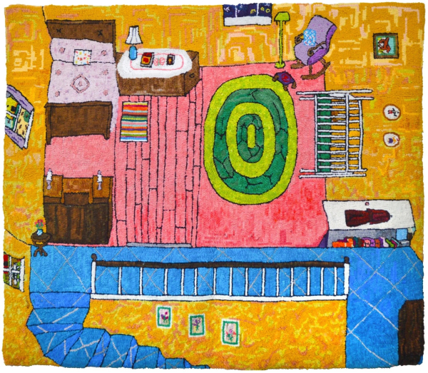 Hook rug scene of a yellow bedroom seen from above, with a wooden bed and crib, rocking chair, and pink and green rugs