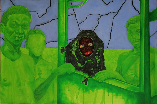 Painting in a bright green palette of a Black figure in the center with large eyes and red lips, leaning over an open windowsill, with several other green figures around them looking at the viewer, and a purple-grey background with cracked lines