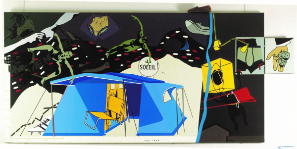 Painting of various cartoon figures and objects flying over a blue tent with a yellow chair ,with text in French and a small panel coming off of the main canvas of a hand holding green dice