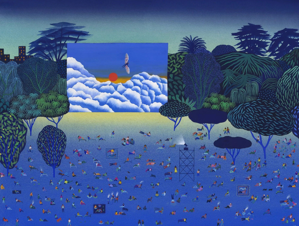 Landscape in a blue palette of a large group of figures seen from a distance, lying on a blue field with scattered with blue and green trees, and a large screen depicting a bird flying over thick white clouds standing in the center