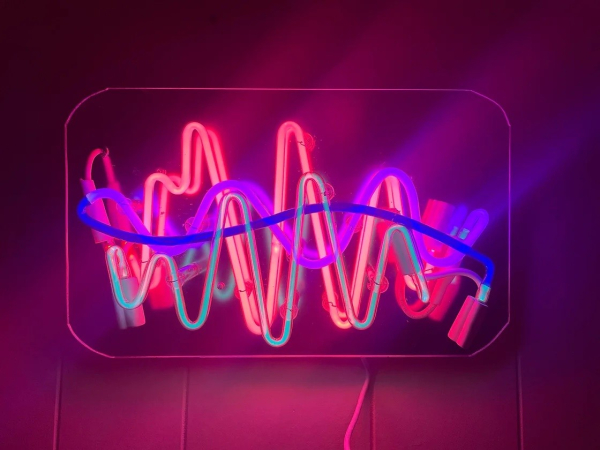 Neon wall sculpture of various overlaid wavy lines in different colors