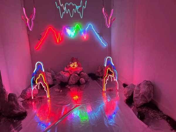 Neon installation of various abstract colorful line sculptures in a gallery with reflective floors and small piles of jagged rocks