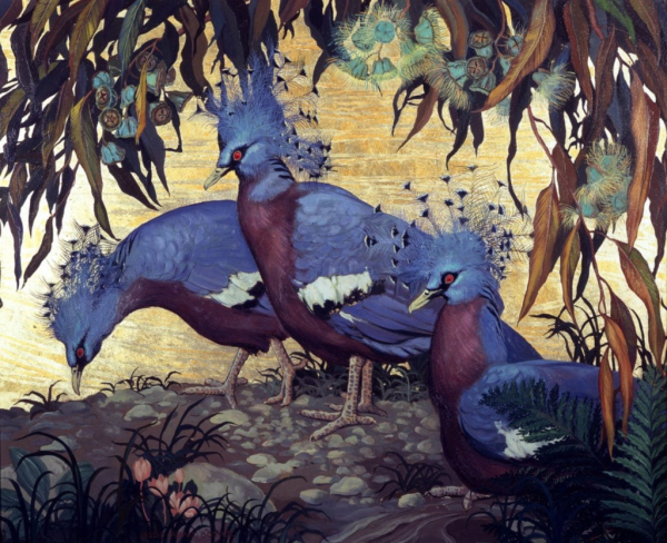 Painting of three blue-purple crowned pigeons beneath brown leaves next to golden water