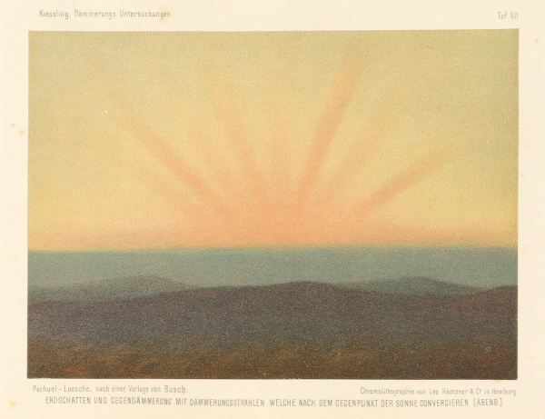 Print of a soft yellow horizon with orange rays erupting in a circular shape over a blue and dark brown sea