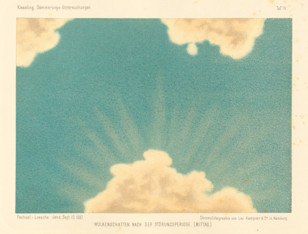 Print of a blue sky with soft white rays seen from behind a fluffy cloud