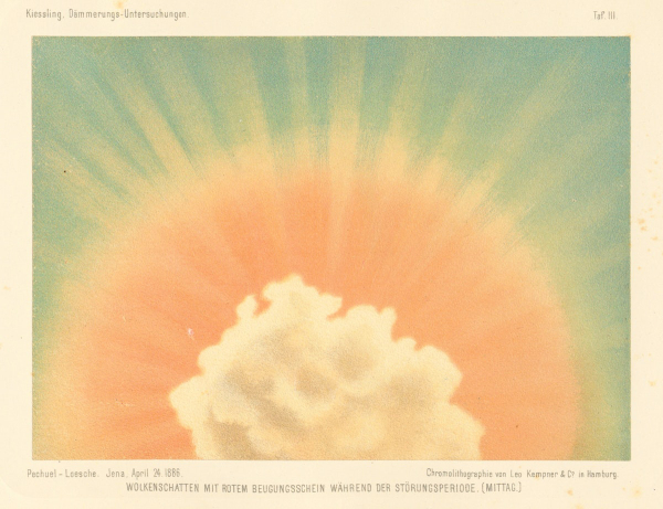 Print of a blue-green sky with orange and yellow rays moving out from the center from behind a fluffy cloud