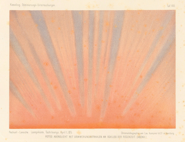 Print of an orange and pink sky with purple rays shooting across at vertical angles