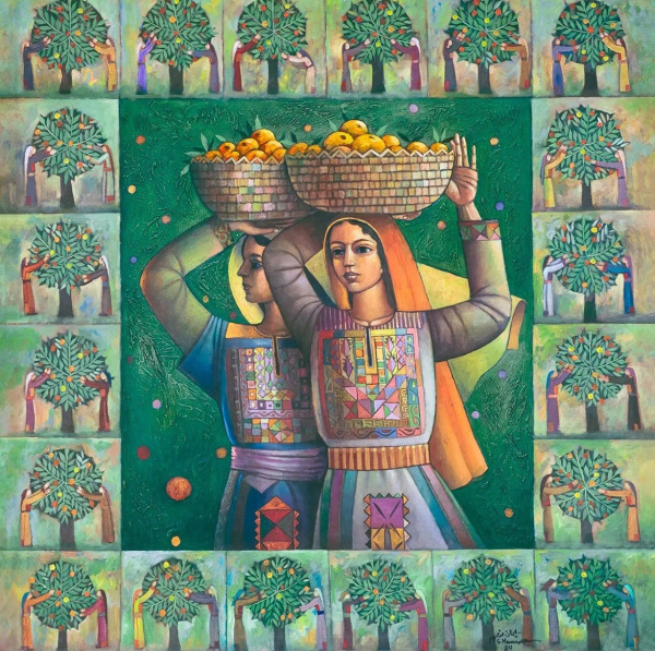 Painting of two young women in colorful dresses and head scarves posing with large baskets of oranges on their heads, surrounded by a tiled border decorated with images of women picking oranges from circular trees