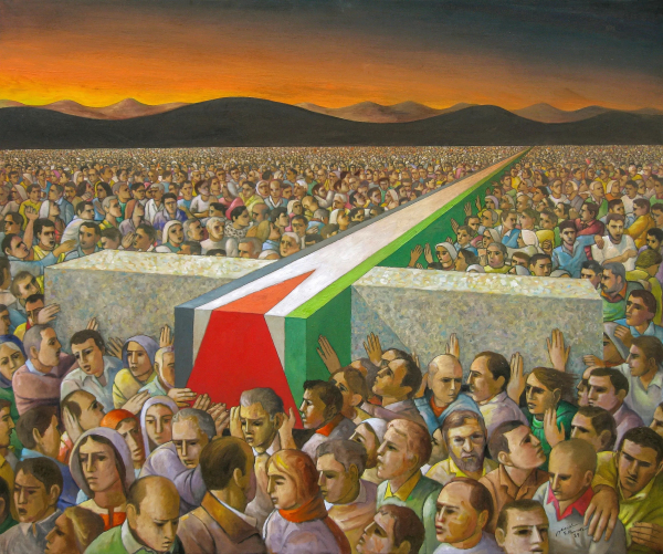 Painting of a huge crowd of people stretching into the distance with rolling dark hills on the horizon. They are carrying a large stone cross laid horizontally across their backs and shoulders, with the Palestinian flag painted across its center.