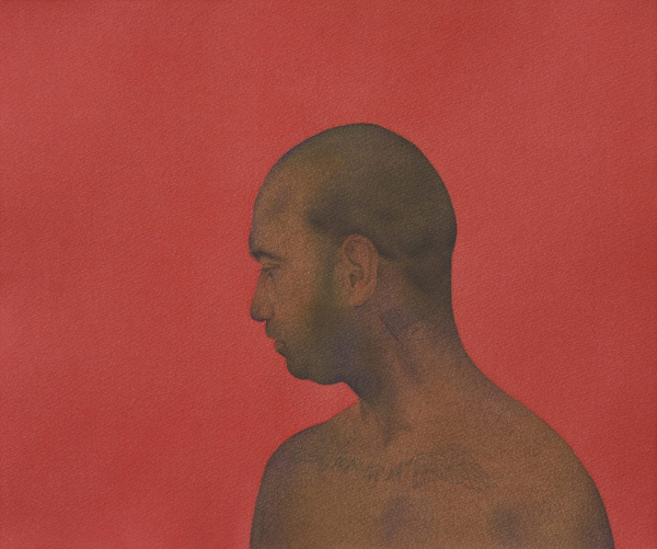 Watercolor portrait of a Brown man with a shaved head in profile, against a deep red background