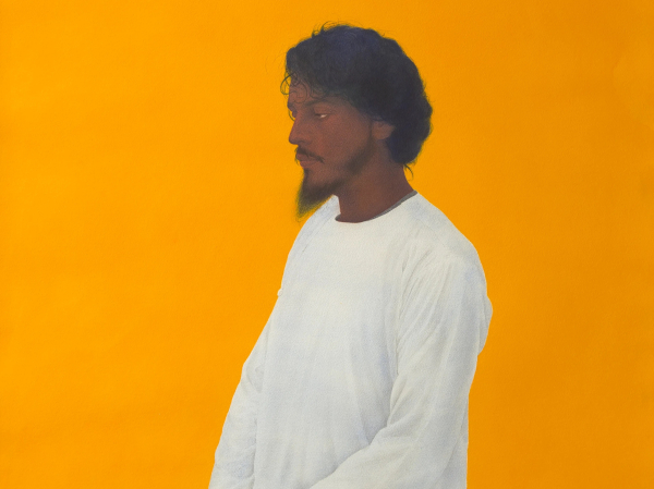 Watercolor portrait of a Brown man with a pointed beard and loose white shirt standing in profile, against a deep yellow background