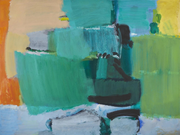 Abstract painting of loose rectangular shapes in green and blue tones, with visible brushstrokes