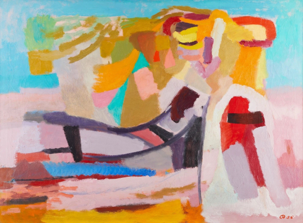 Abstract painting of loose rounded shapes and lines in a colorful palette of gold, red, blue, and soft pink, with visible brushstrokes