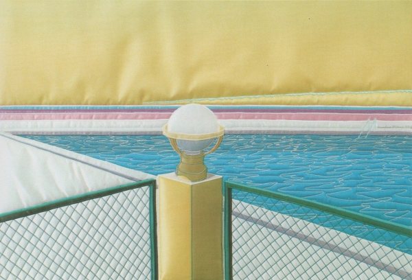 Embroidered scene on silk fabric, showing a pool of blue water through a green fence against a yellow sky