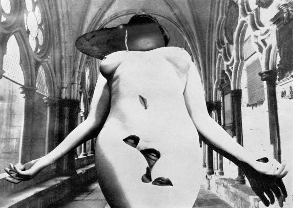 Black and white collage of a nude white woman lying back with her arms splayed open, images of mouths covering her crotch and an abstract dark form over her face. The background is a Gothic church walkway