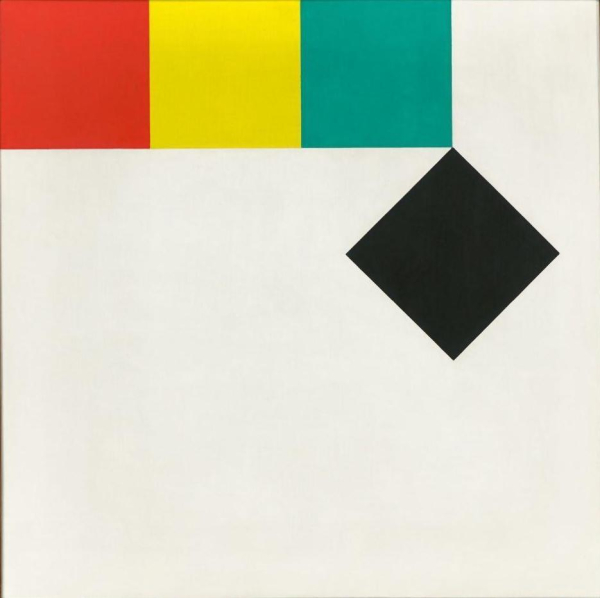 Abstract painting with a square white field and three squares along the top in a row in red, yellow, and green. A black diamond seems to fall from the row of squares, hanging down by its tip