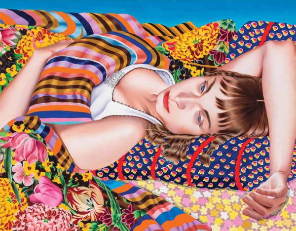 Painting of a white woman lying on a couch with her arm above her, head layered with colorful textiles