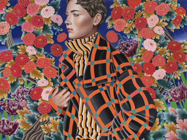 Painting of a woman with short hair wearing a patterned coat and turtleneck, surrounded by colorful flowers