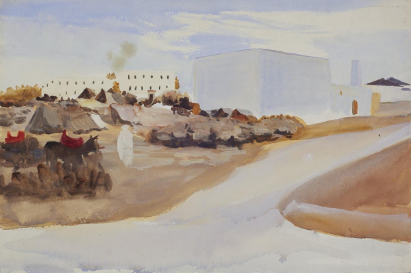 Watercolor of a large white structure in a desert landscape 