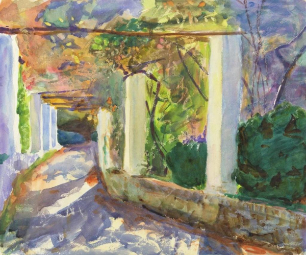 Watercolor of a garden path with white square columns on either side and greenery alongside and above