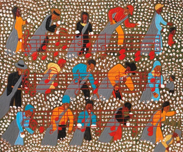 Dyed leather artwork of Black cotton pickers in three rows, behind a musical composition (notes on a staff)