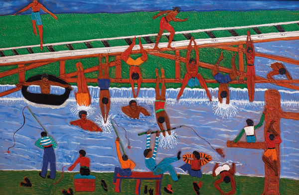 Dyed leather artwork of a river alongside train tracks, where a group of Black folks are swimming, fishing, and playing