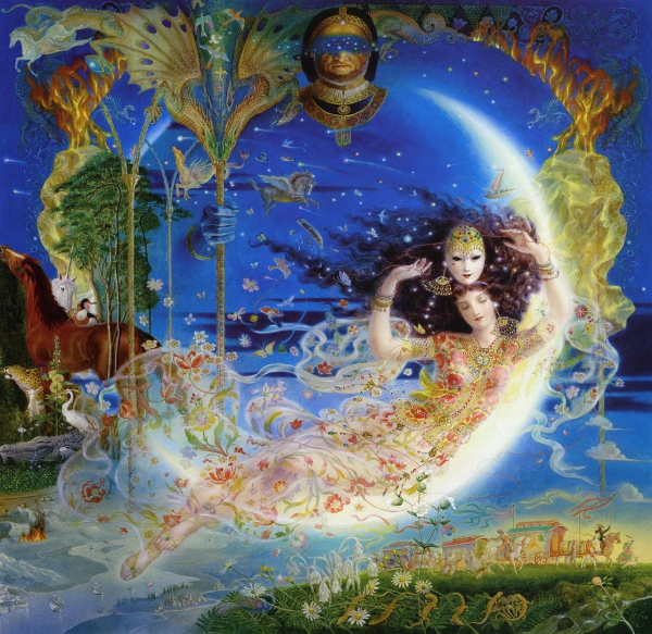 Illustration of a young woman in a flowing floral dress floating along a crescent moon holding a mask above her head, surrounded by various fantasy creatures and a starry night sky