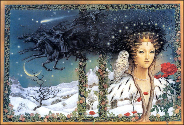 Illustration of a young white woman wearing a gold crown, floating in a snowy forest with dark horse riders emerging from the sky behind her and a border of flowers and vines