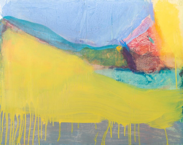 Abstract painting with soft overlaid shapes and washes in yellow, blue, and grey, with dripping effects along the bottom