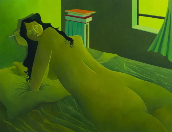 Painting in a semi-flat style and a yellow-green palette, of a nude woman with black hair stomach-down on a bed leaning on her elbows, looking back over her shoulder