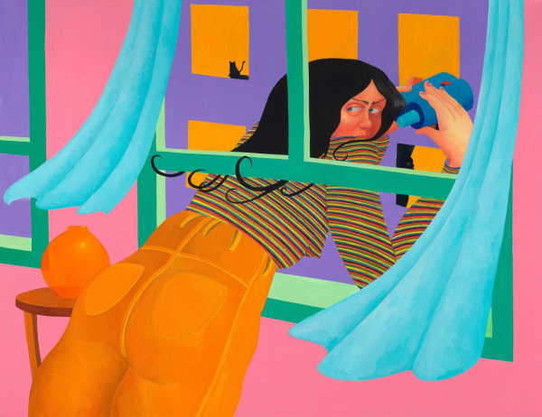 Painting of a pink-walled room and woman with black hair wearing a striped shirt and orange pants, leaning out of a window holding binoculars 