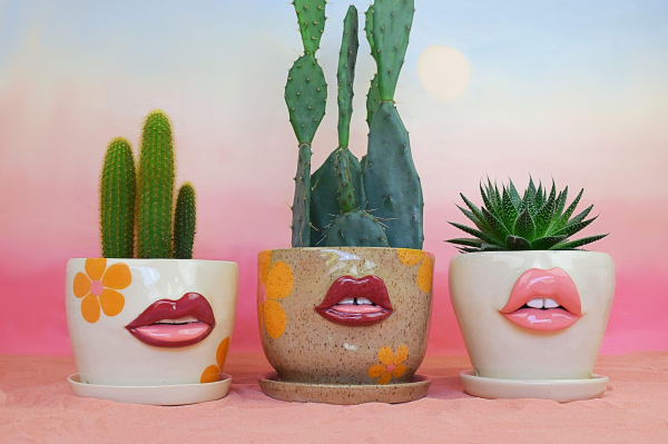 Three ceramic planters holding cacti, with sneering red lips sculpted into their centers, sitting against a pink and blue gradient background