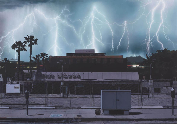 Painting of an abandoned liquor store and empty parking lot at night, with a huge lightning storm in the sky behind it