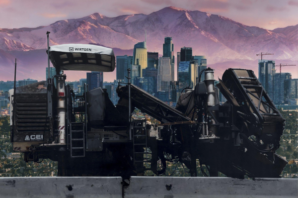 Painting of a collage-like cluster of buildings and industrial machines, set against a purple mountainscape