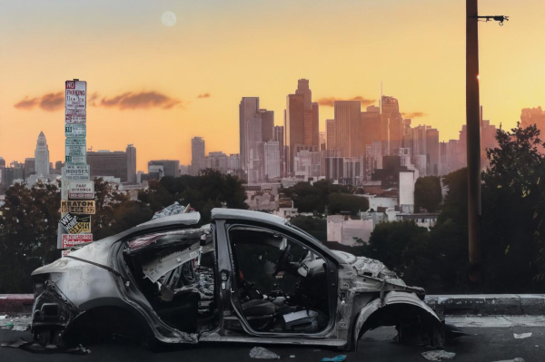 Painting of a broken down, burnt-out car on a street filled with paper debris, with the city skyline in the background and an orange sky