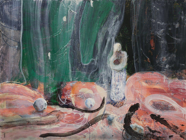 Painting of a semi-abstract scene with skulls and curving sticks, in a palette of pink, green, and black, with a figure all in white standing near the center