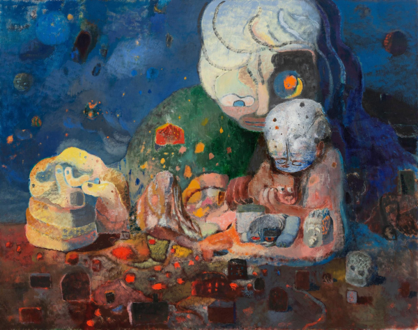 Painting of cartoon-like figures huddled together around a collection of red rocks against a dark blue sky